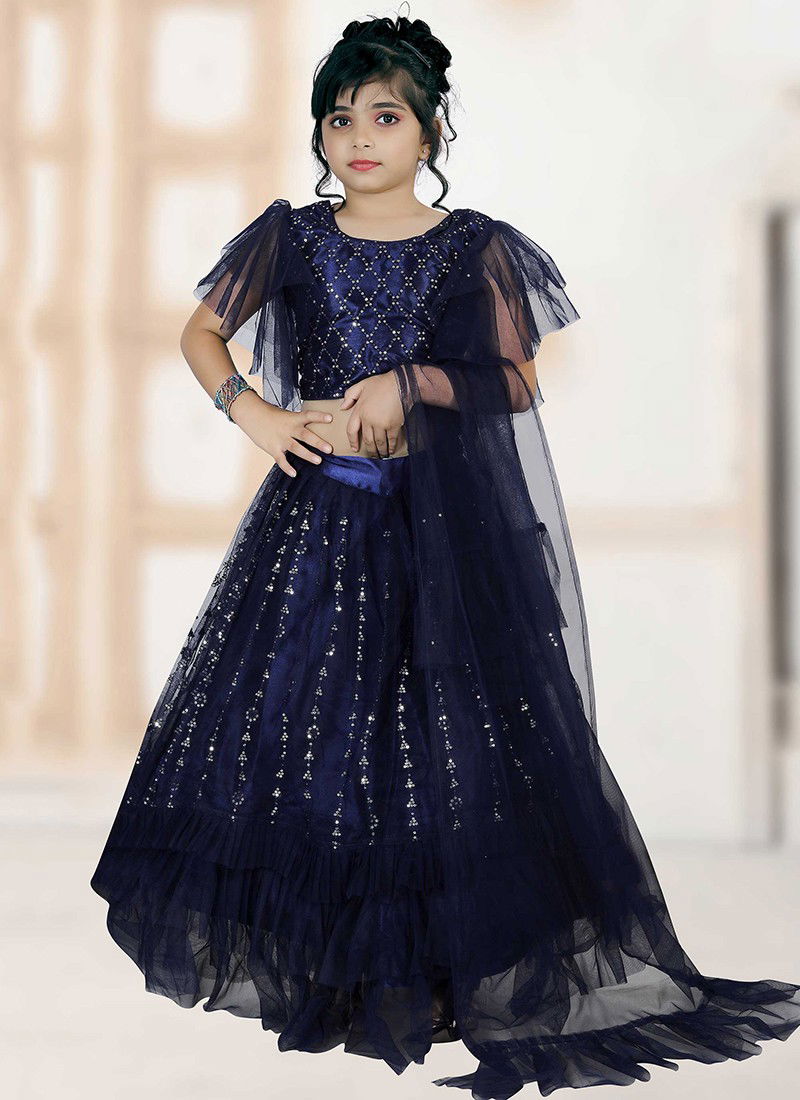 Navy Blue Colour Latest Fancy Designer Party Wedding Wear Net With Embroidery Work Kids Wear Girls Lehnga Choli Collection Aaradhna120